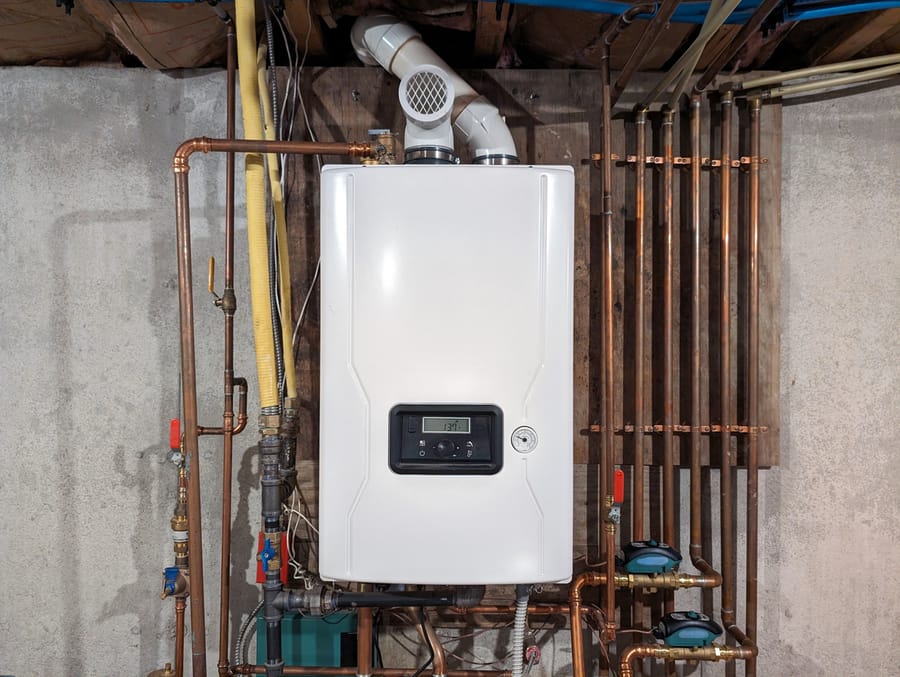 Straight-on color shot of a Tankless Combination Water Heater and Boiler installed on a well-lit basement wall of a residential building.